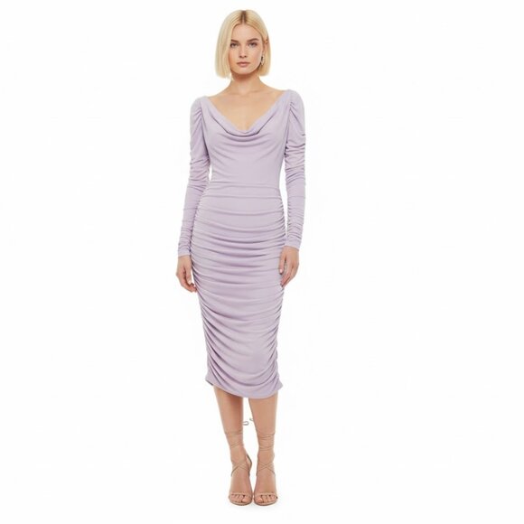 Aliette Ruched Long Sleeve Cowl Neck Midi Dress 2 Purple NWT - Picture 2 of 12